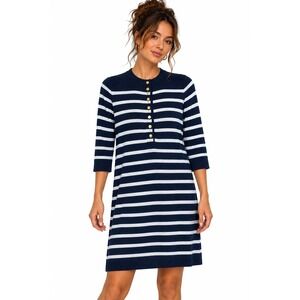J. McLaughlin Nautical Striped Sweater Dress Gold Button Navy White XS